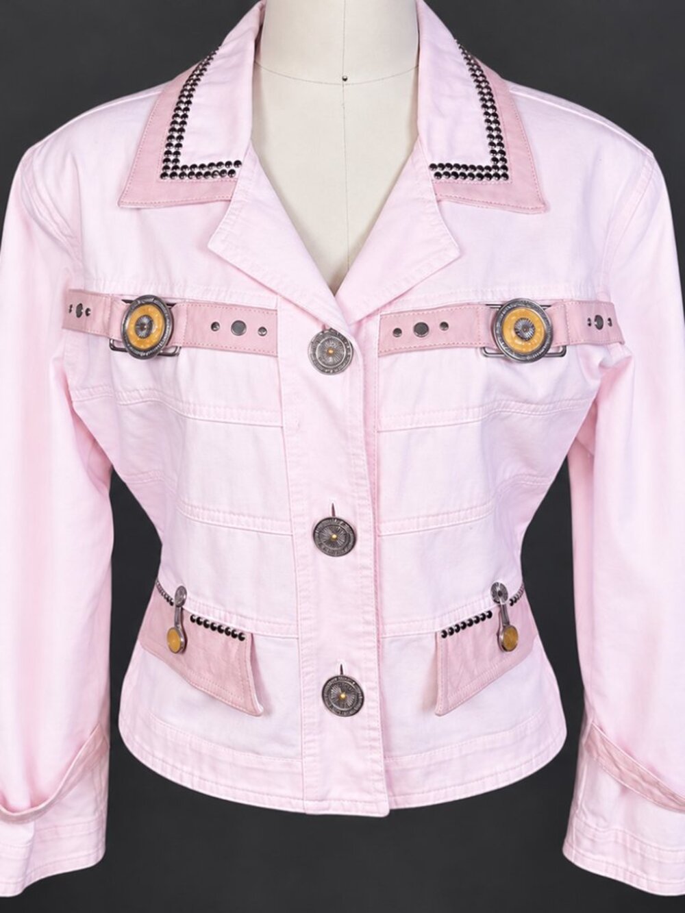 Vintage Caché 80s Pink Denim Jacket Rivet Medallion Faux Leather Trim